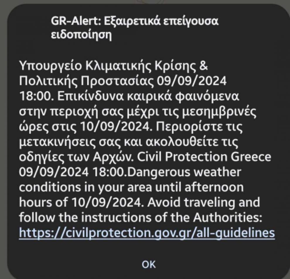 Εστάλη 112 για επικίνδυνα καιρικά φαινόμενα